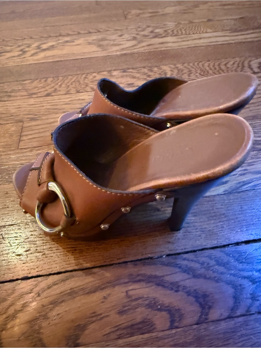 Gucci Brown Leather Slide Mules with Gold Ring